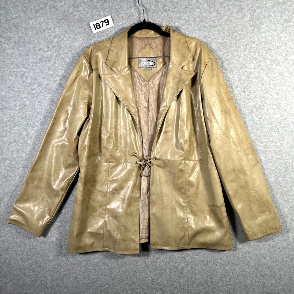 Rave Blazer Jacket Womens XL Beige Lined Polyurethane Notch Lapel‎ Tie Front